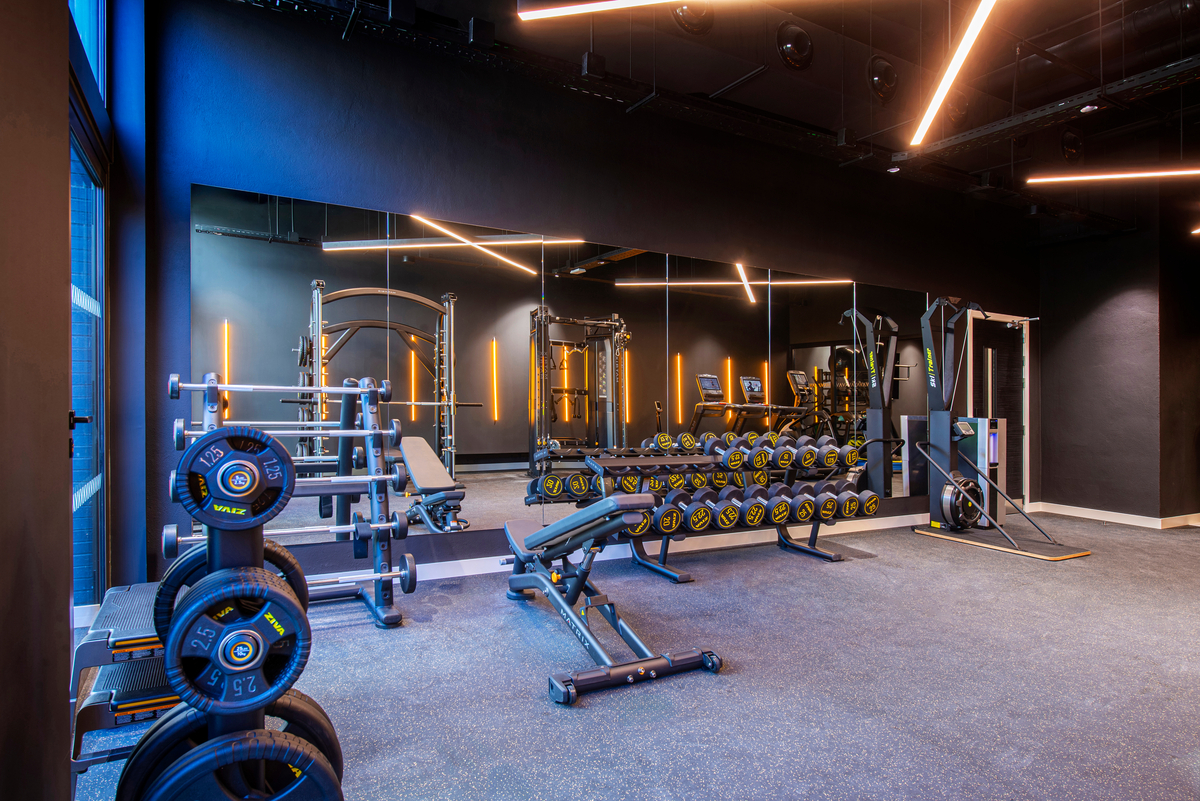 Modern gym with weightlifting equipment, including dumbbells, benches, and a squat rack. Brightly lit with sleek LED lights, a large mirror reflects the room. The floor is covered in rubber matting.